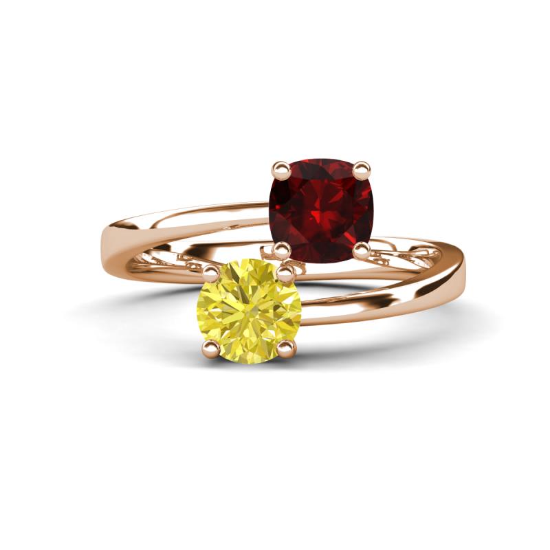Jianna 6.00 mm Cushion Red Garnet and Round Yellow Diamond 2 Stone Promise Ring 
