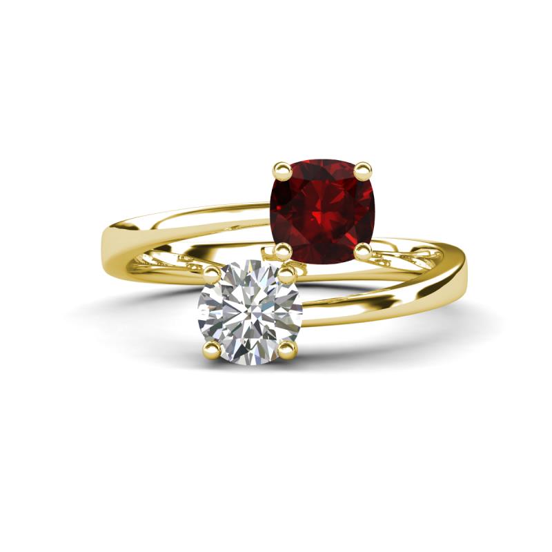 Jianna 6.00 mm Cushion Red Garnet and GIA Certified Round Natural Diamond 2 Stone Promise Ring 