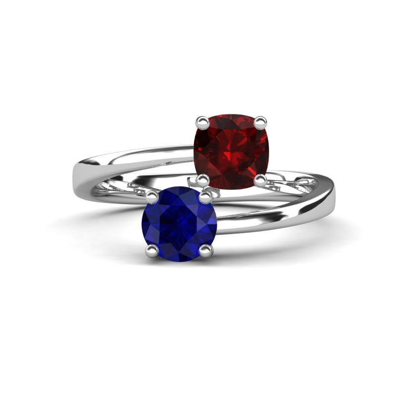 Jianna 6.00 mm Cushion Red Garnet and Round Blue Sapphire 2 Stone Promise Ring 