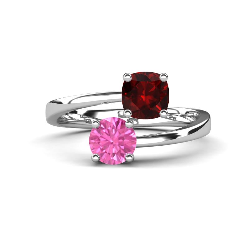Jianna 6.00 mm Cushion Red Garnet and Round Lab Created Pink Sapphire 2 Stone Promise Ring 