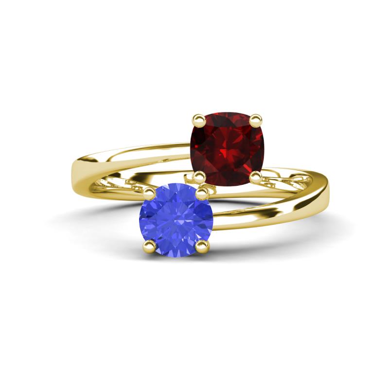 Jianna 6.00 mm Cushion Red Garnet and Round Tanzanite 2 Stone Promise Ring 