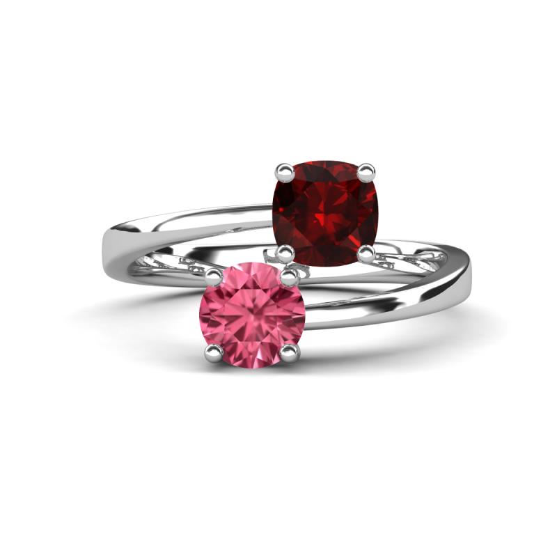 Jianna 6.00 mm Cushion Red Garnet and Round Pink Tourmaline 2 Stone Promise Ring 