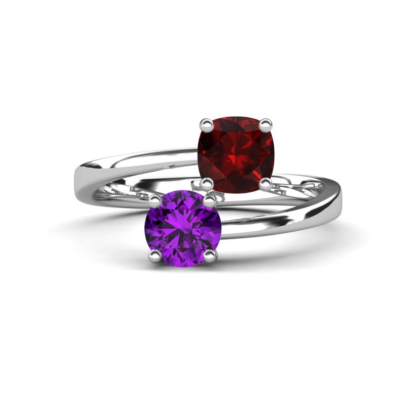 Jianna 6.00 mm Cushion Red Garnet and Round Amethyst 2 Stone Promise Ring 