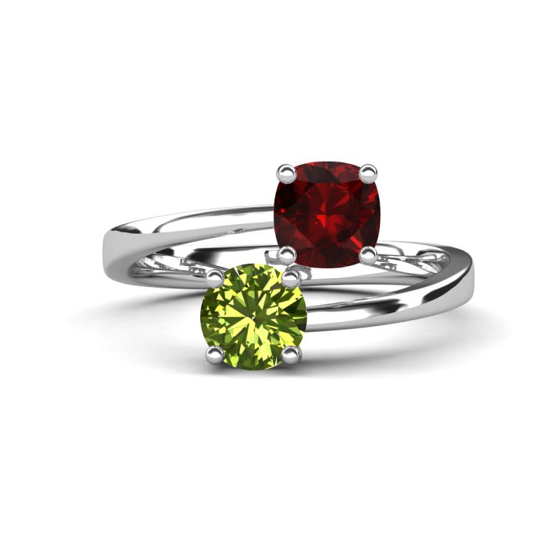 Jianna 6.00 mm Cushion Red Garnet and Round Peridot 2 Stone Promise Ring 
