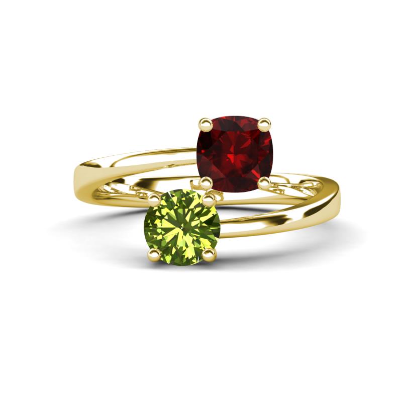 Jianna 6.00 mm Cushion Red Garnet and Round Peridot 2 Stone Promise Ring 