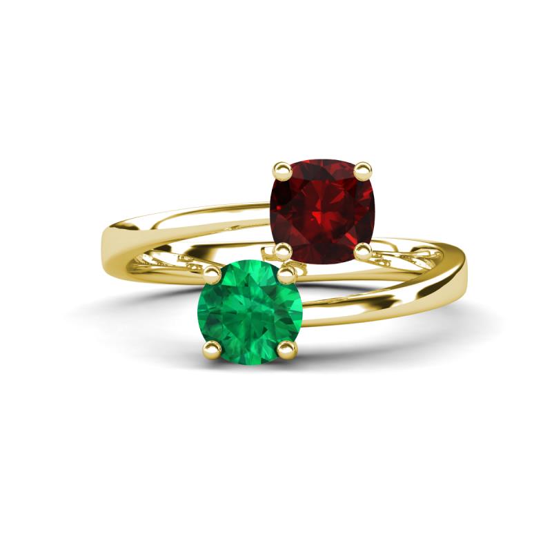 Jianna 6.00 mm Cushion Red Garnet and Round Emerald 2 Stone Promise Ring 