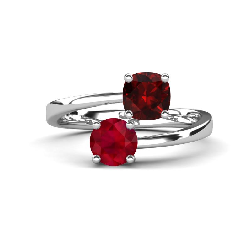 Jianna 6.00 mm Cushion Red Garnet and Round Ruby 2 Stone Promise Ring 