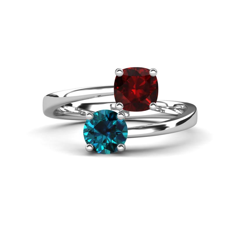 Jianna 6.00 mm Cushion Red Garnet and Round Blue Diamond 2 Stone Promise Ring 