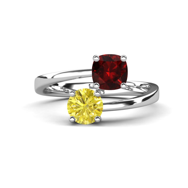 Jianna 6.00 mm Cushion Red Garnet and Round Yellow Diamond 2 Stone Promise Ring 