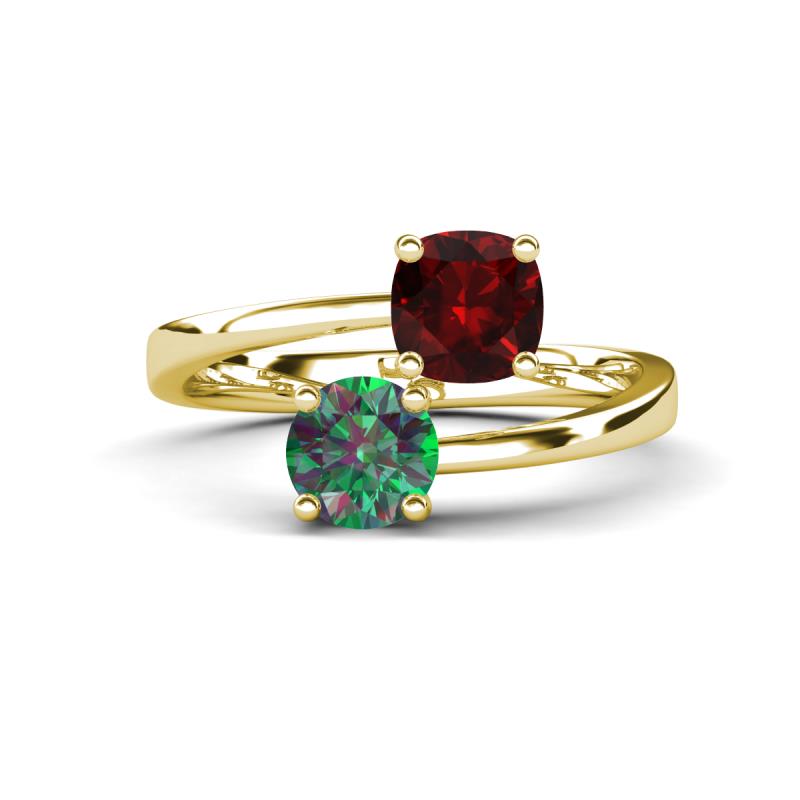 Jianna 6.00 mm Cushion Red Garnet and Round Lab Created Alexandrite 2 Stone Promise Ring 