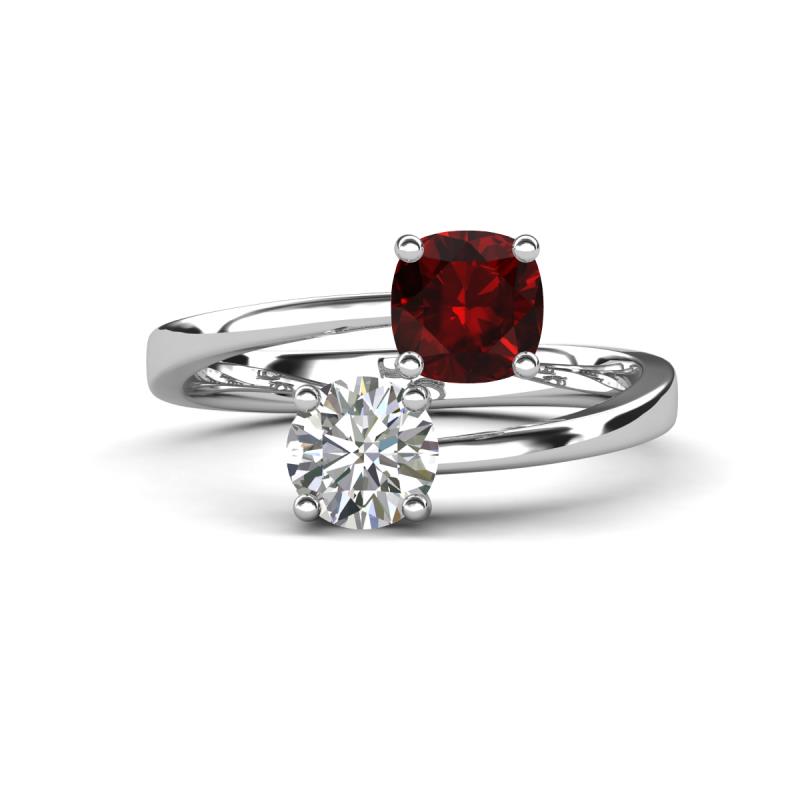 Jianna 6.00 mm Cushion Red Garnet and GIA Certified Round Natural Diamond 2 Stone Promise Ring 