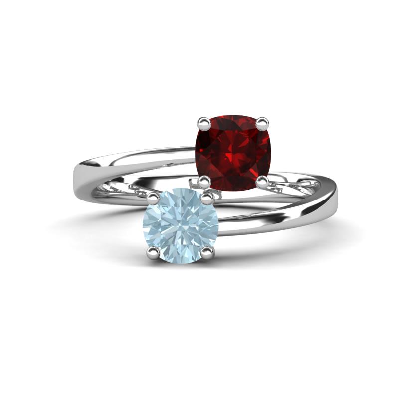 Jianna 6.00 mm Cushion Red Garnet and Round Aquamarine 2 Stone Promise Ring 