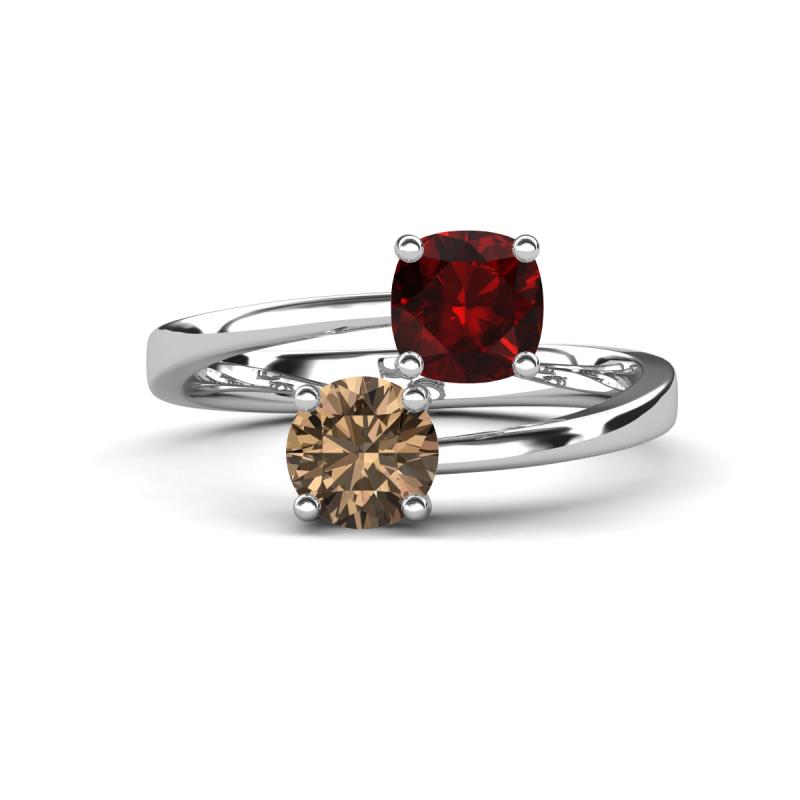 Jianna 6.00 mm Cushion Red Garnet and Round Smoky Quartz 2 Stone Promise Ring 