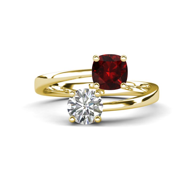 Jianna 6.00 mm Cushion Red Garnet and Round Forever Brilliant Moissanite 2 Stone Promise Ring 