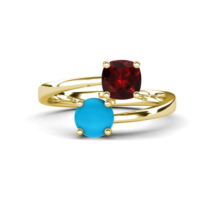 Jianna 6.00 mm Cushion Red Garnet and Round Turquoise 2 Stone Promise Ring 