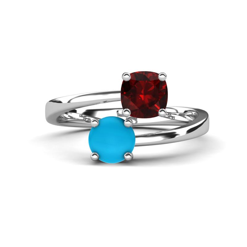 Jianna 6.00 mm Cushion Red Garnet and Round Turquoise 2 Stone Promise Ring 