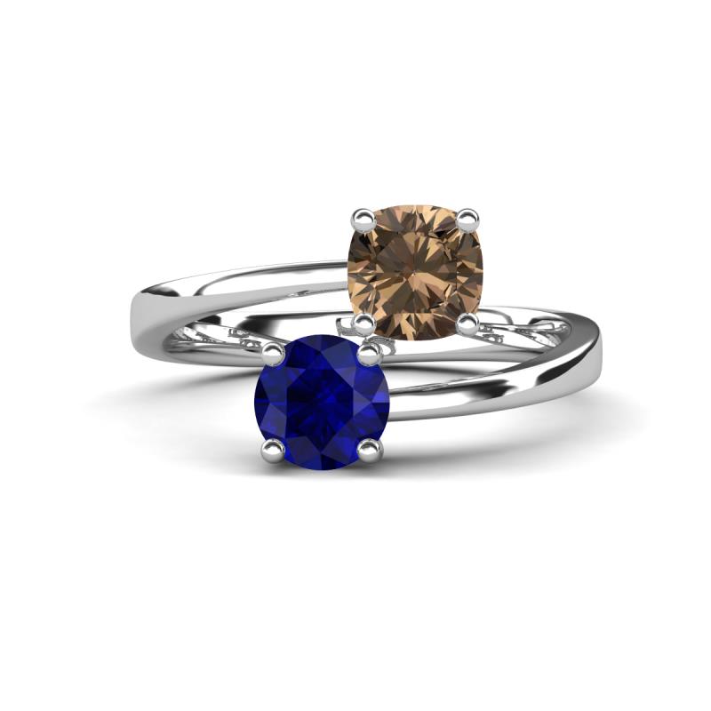 Jianna 6.00 mm Cushion Smoky Quartz and Round Blue Sapphire 2 Stone Promise Ring 