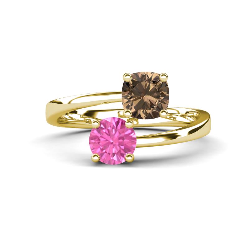 Jianna 6.00 mm Cushion Smoky Quartz and Round Lab Created Pink Sapphire 2 Stone Promise Ring 