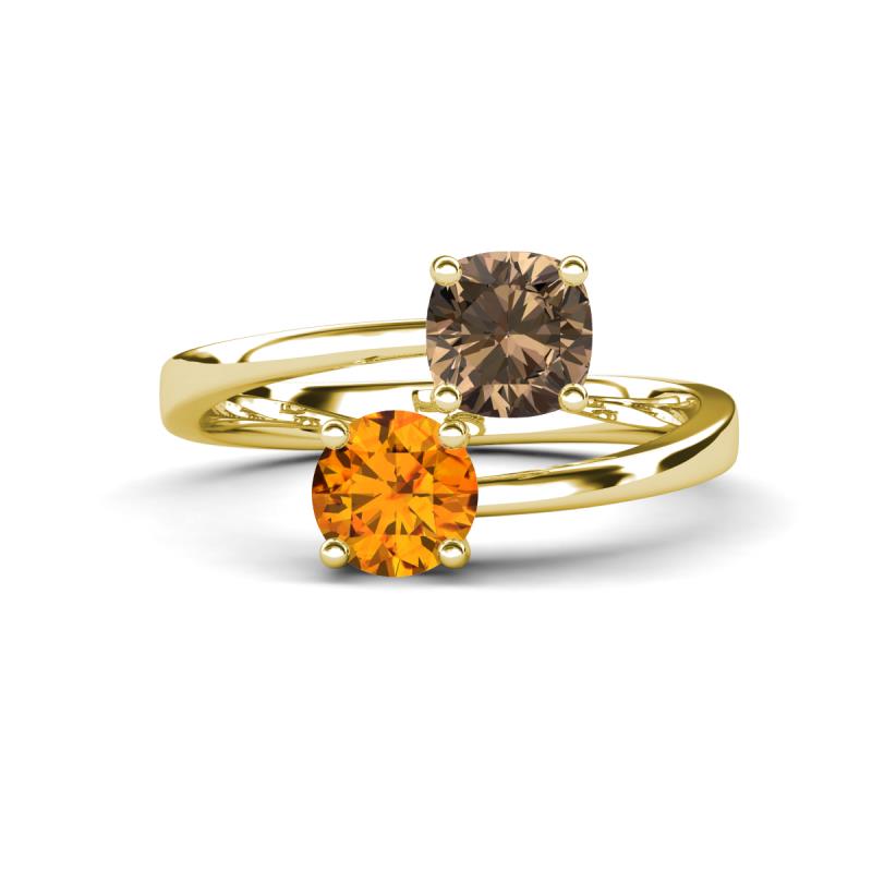 Jianna 6.00 mm Cushion Smoky Quartz and Round Citrine 2 Stone Promise Ring 