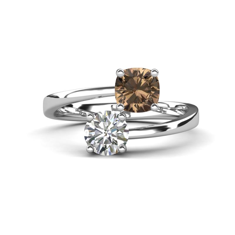 Jianna 6.00 mm Cushion Smoky Quartz and GIA Certified Round Natural Diamond 2 Stone Promise Ring 