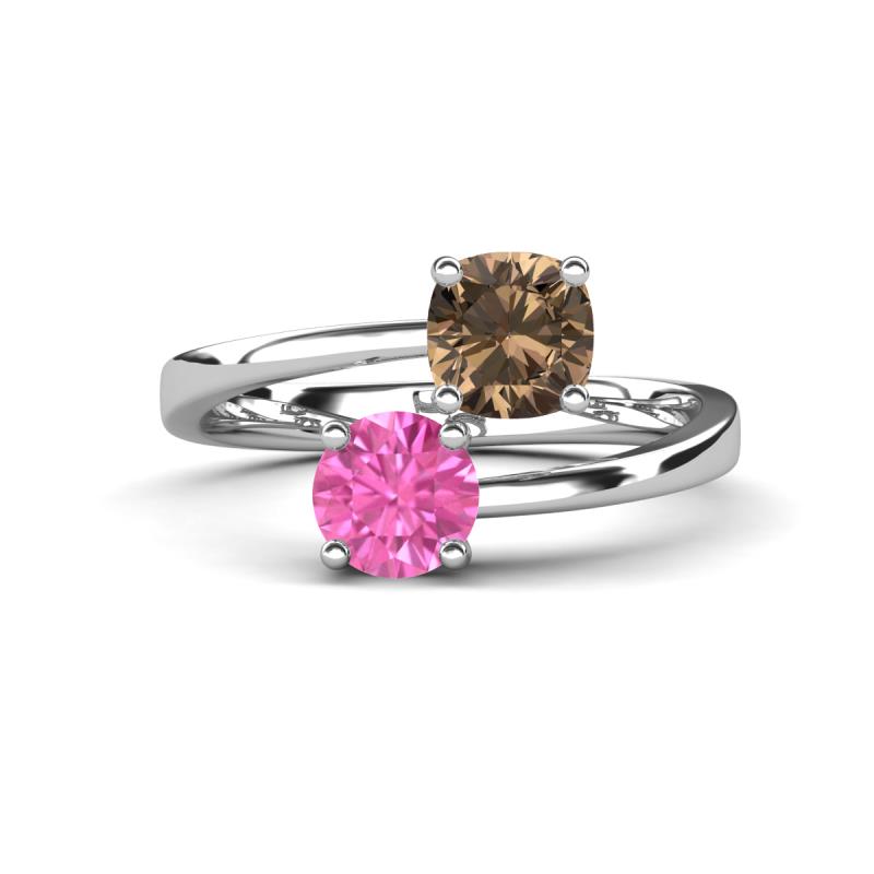 Jianna 6.00 mm Cushion Smoky Quartz and Round Lab Created Pink Sapphire 2 Stone Promise Ring 