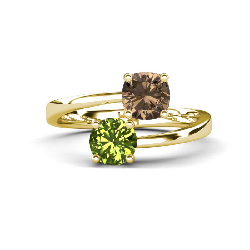 Jianna 6.00 mm Cushion Smoky Quartz and Round Peridot 2 Stone Promise Ring 