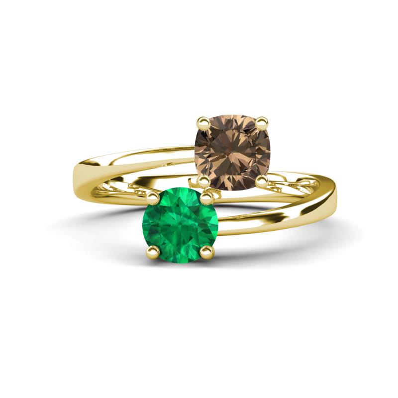 Jianna 6.00 mm Cushion Smoky Quartz and Round Emerald 2 Stone Promise Ring 