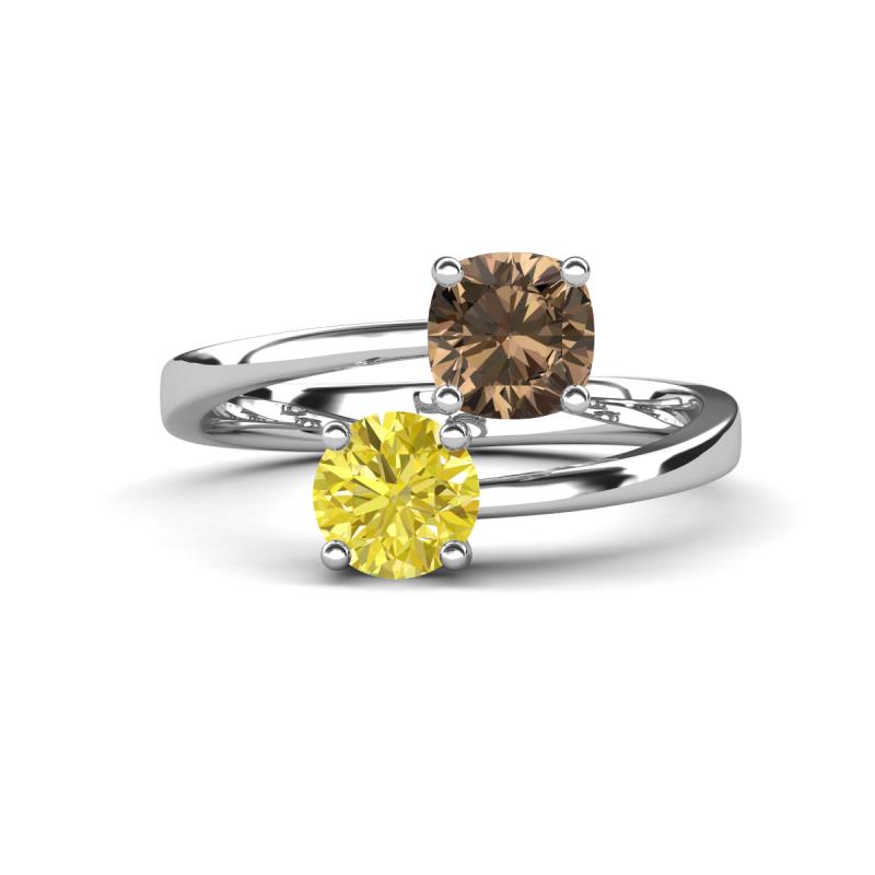 Jianna 6.00 mm Cushion Smoky Quartz and Round Yellow Diamond 2 Stone Promise Ring 