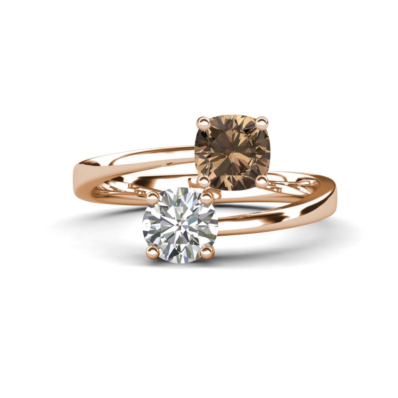 Jianna 6.00 mm Cushion Smoky Quartz and GIA Certified Round Natural Diamond 2 Stone Promise Ring 