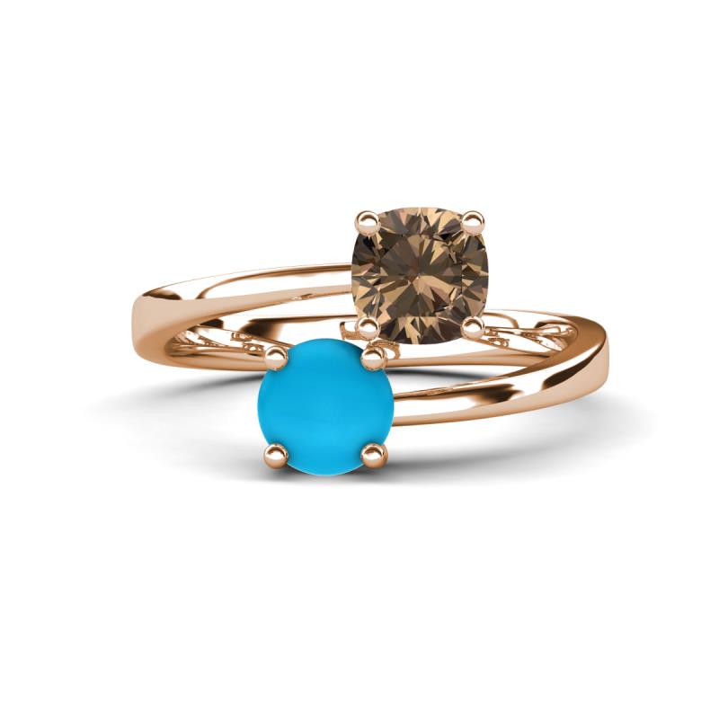 Jianna 6.00 mm Cushion Smoky Quartz and Round Turquoise 2 Stone Promise Ring 