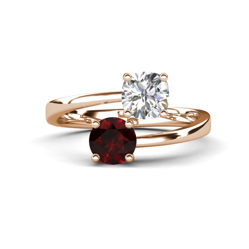 Jianna GIA Certified 6.00 mm Cushion Natural Diamond and Round Red Garnet 2 Stone Promise Ring 
