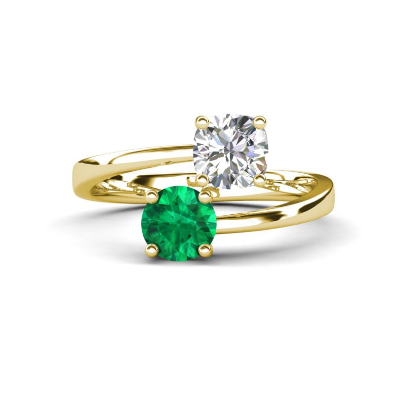 Jianna GIA Certified 6.00 mm Cushion Natural Diamond and Round Emerald 2 Stone Promise Ring 