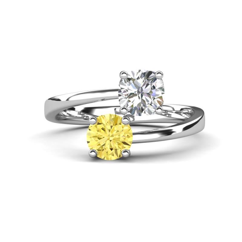 Jianna GIA Certified 6.00 mm Cushion Natural Diamond and Round Lab Created Yellow Sapphire 2 Stone Promise Ring 