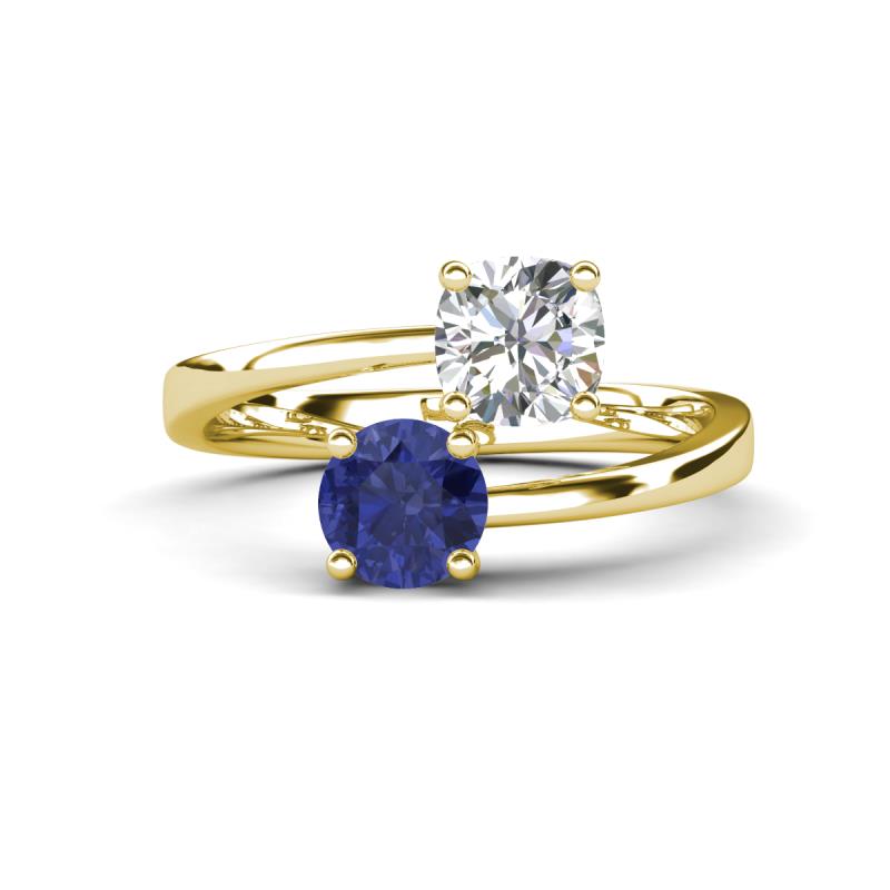 Jianna GIA Certified 6.00 mm Cushion Natural Diamond and Round Iolite 2 Stone Promise Ring 