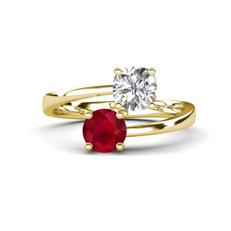 Jianna GIA Certified 6.00 mm Cushion Natural Diamond and Round Ruby 2 Stone Promise Ring 