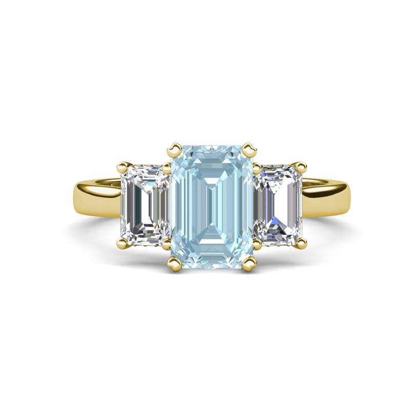 Aletta 9x7 mm Emerald Cut Aquamarine and Lab Grown Diamond Three Stone Engagement Ring 