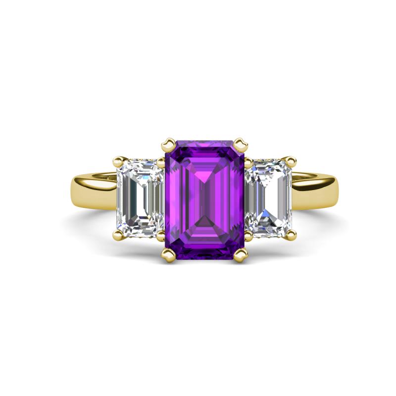 Aletta 9x7 mm Emerald Cut Amethyst and Lab Grown Diamond Three Stone Engagement Ring 