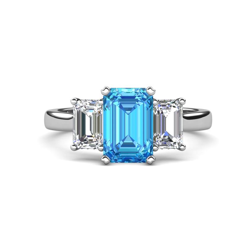 Aletta 9x7 mm Emerald Cut Blue Topaz and Lab Grown Diamond Three Stone Engagement Ring 