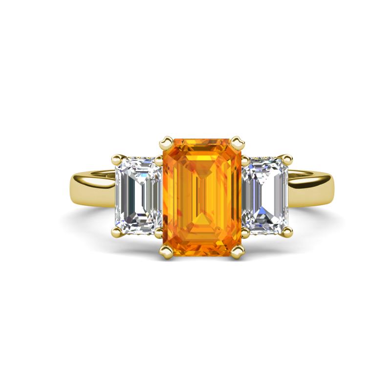 Aletta 9x7 mm Emerald Cut Citrine and Lab Grown Diamond Three Stone Engagement Ring 