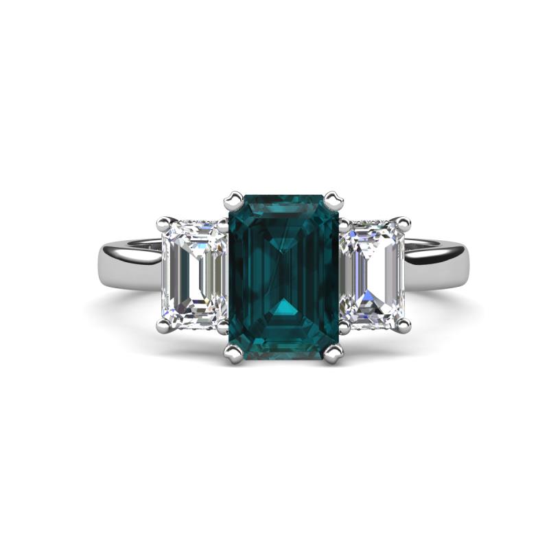 Aletta 9x7 mm Emerald Cut London Blue Topaz and Lab Grown Diamond Three Stone Engagement Ring 