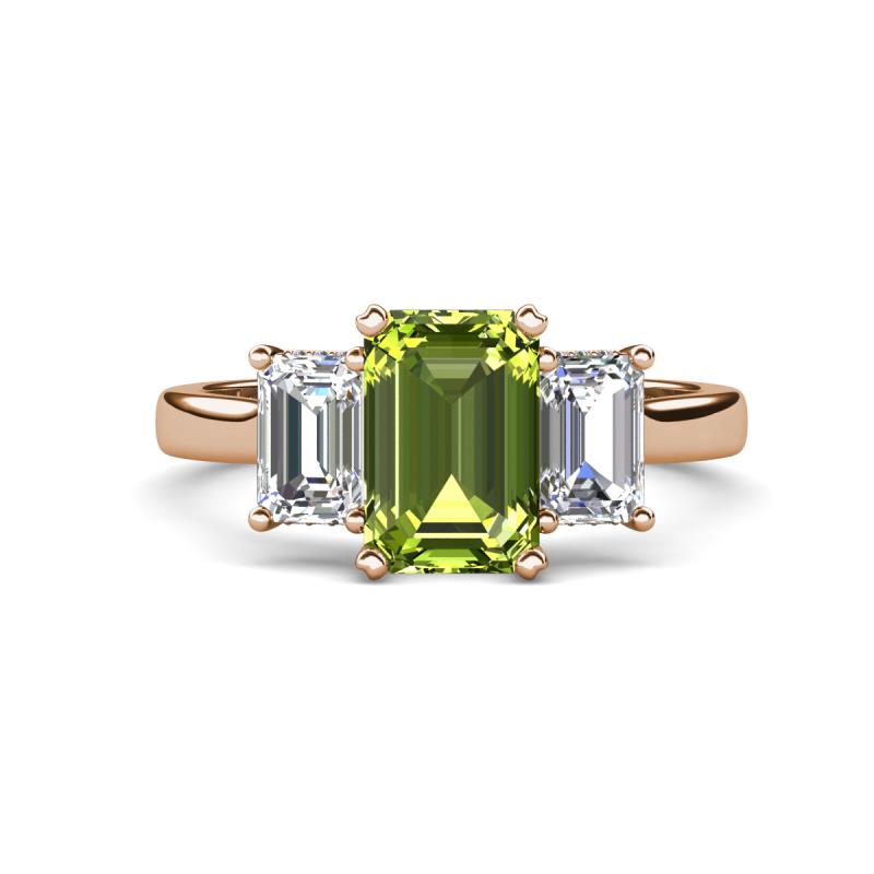 Aletta 9x7 mm Emerald Cut Peridot and Lab Grown Diamond Three Stone Engagement Ring 