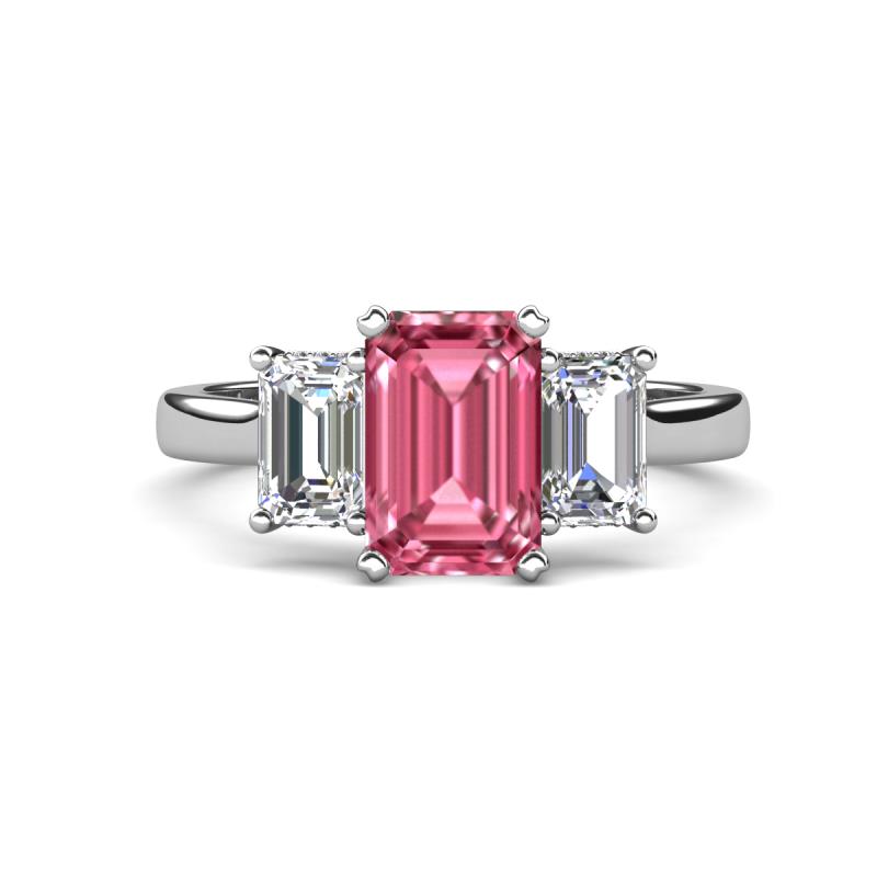 Aletta 9x7 mm Emerald Cut Pink Tourmaline and Lab Grown Diamond Three Stone Engagement Ring 