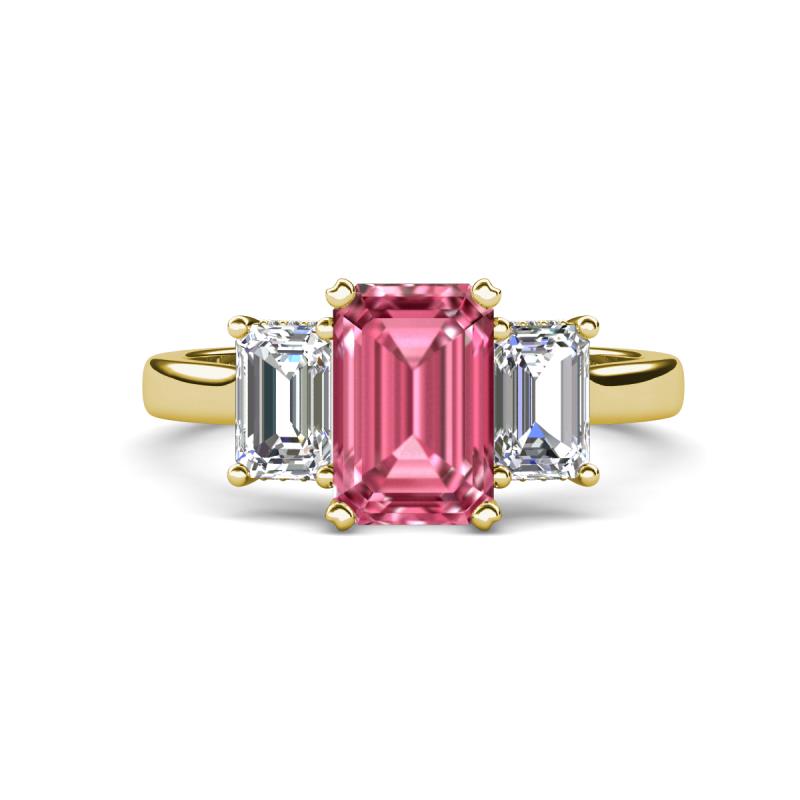 Aletta 9x7 mm Emerald Cut Pink Tourmaline and Lab Grown Diamond Three Stone Engagement Ring 