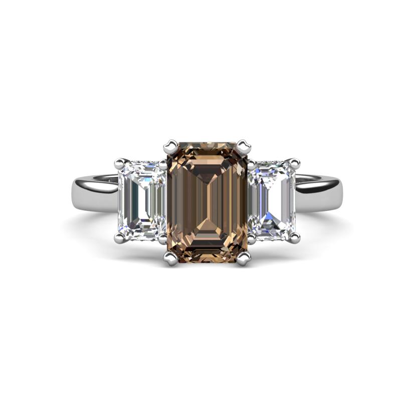 Aletta 9x7 mm Emerald Cut Smoky Quartz and Lab Grown Diamond Three Stone Engagement Ring 
