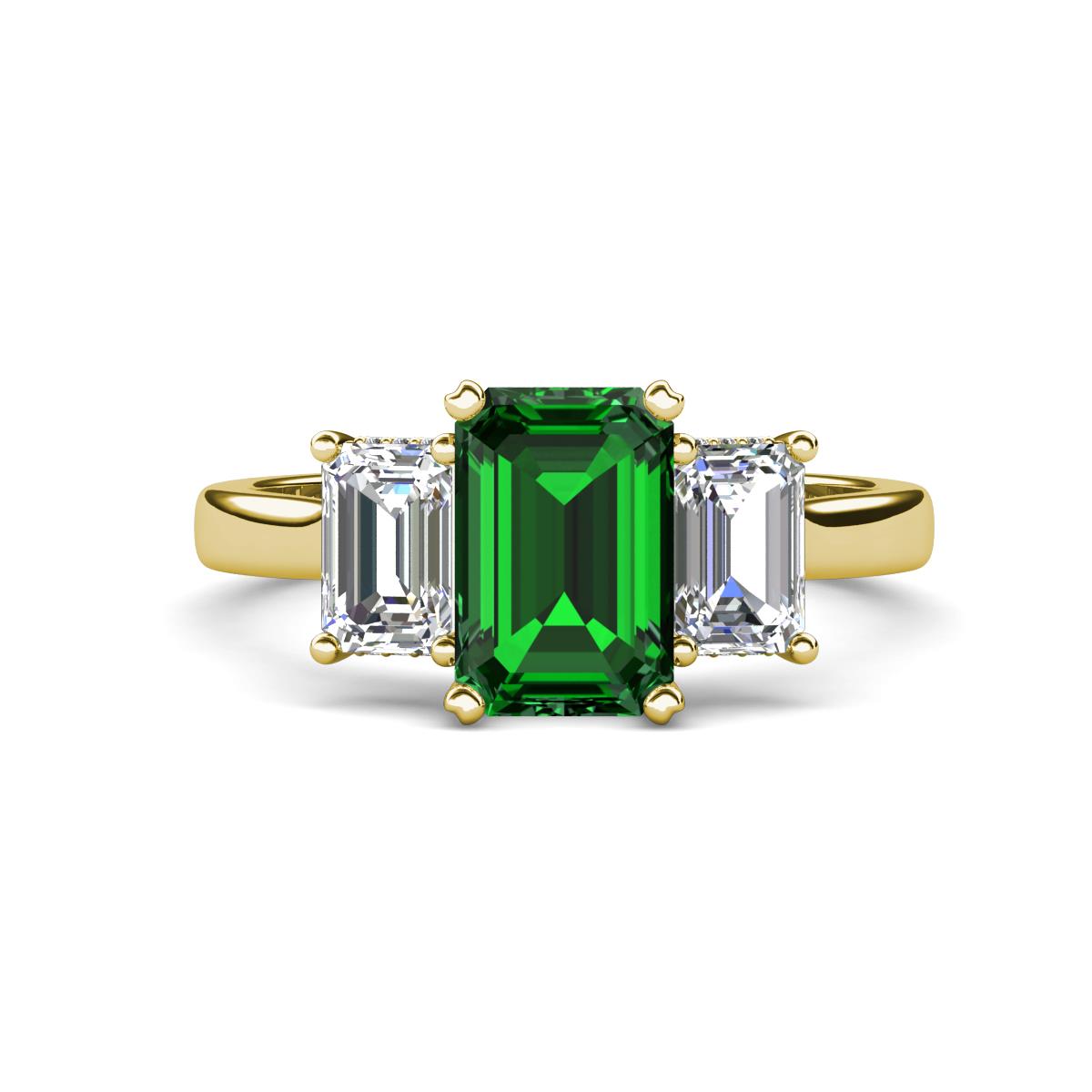 Aletta 9x7 mm Emerald Cut Lab Created Emerald and Lab Grown Diamond Three Stone Engagement Ring 