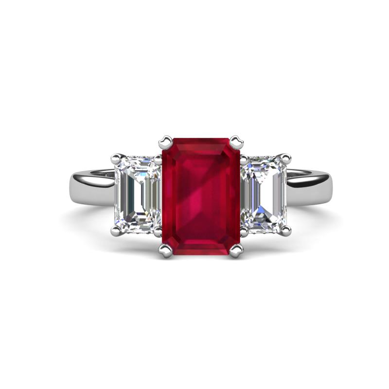 Aletta 9x7 mm Emerald Cut Lab Created Ruby and Lab Grown Diamond Three Stone Engagement Ring 