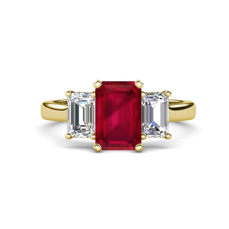 Aletta 9x7 mm Emerald Cut Lab Created Ruby and Lab Grown Diamond Three Stone Engagement Ring 