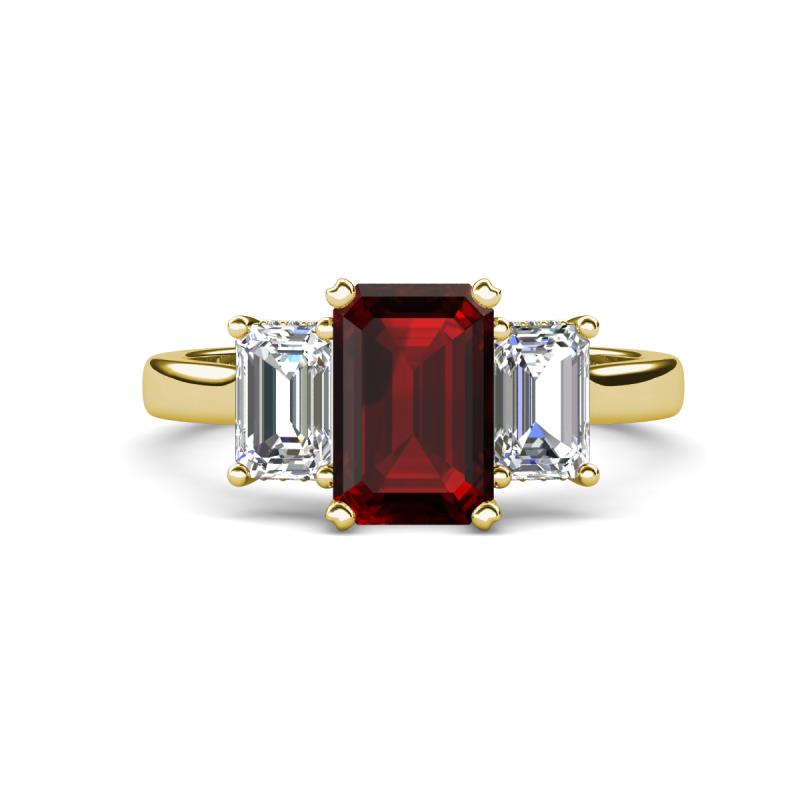 Aletta 9x7 mm Emerald Cut Red Garnet and Lab Grown Diamond Three Stone Engagement Ring 