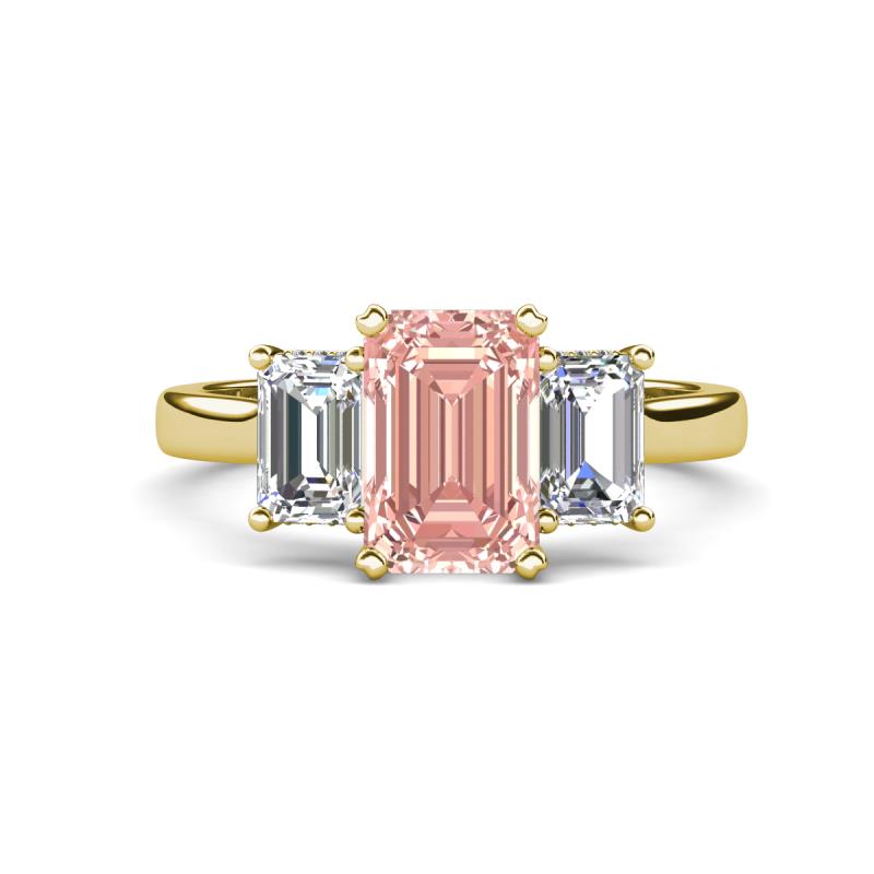 Aletta 9x7 mm Emerald Cut Morganite and Lab Grown Diamond Three Stone Engagement Ring 