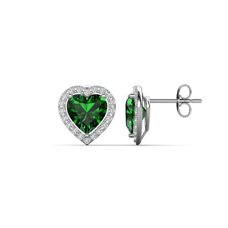 14k White Gold Diamond & Genuine Emerald Heart Stud Earrings